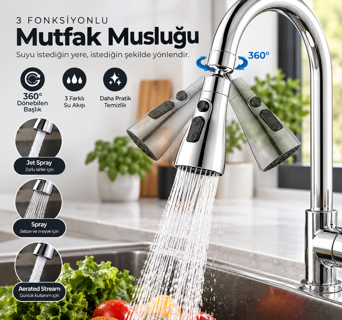 OrtoVie™ 360° Döner 3 Fonksiyonlu Tasarruflu Musluk Başlığı**